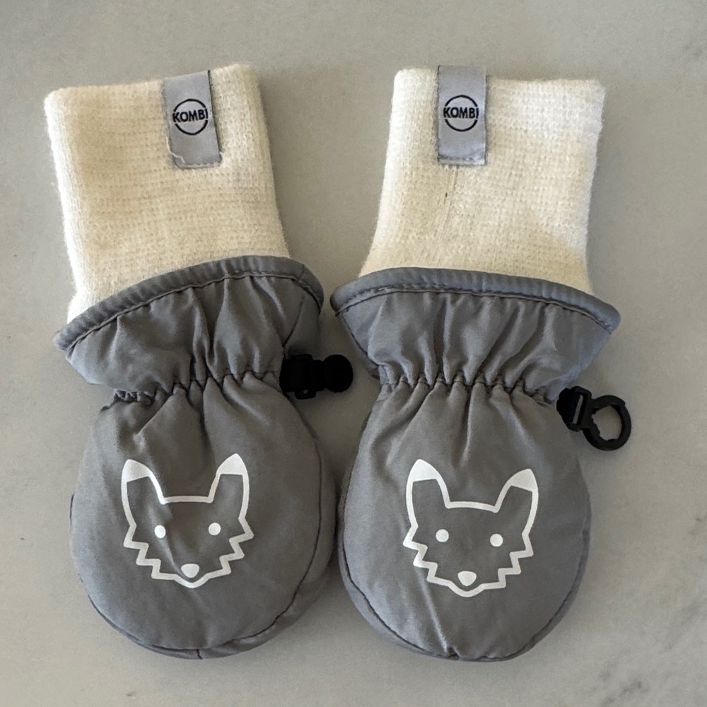 Kombi Cream and Gray Fox Mittens for Infants - size 0-12 months